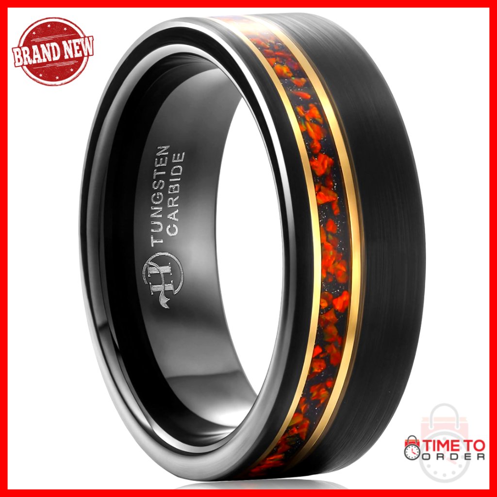 Men's Tungsten Carbide Wedding Band Red Opal Inlay Comfort Fit Size 12.5